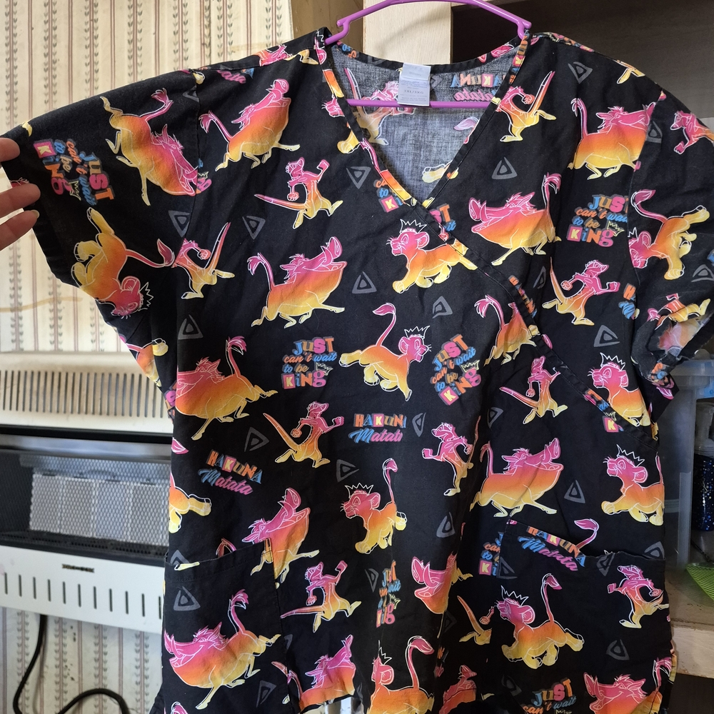 Disney Black V-Neck Scrub Top with Pink and Yellow Lion King Print